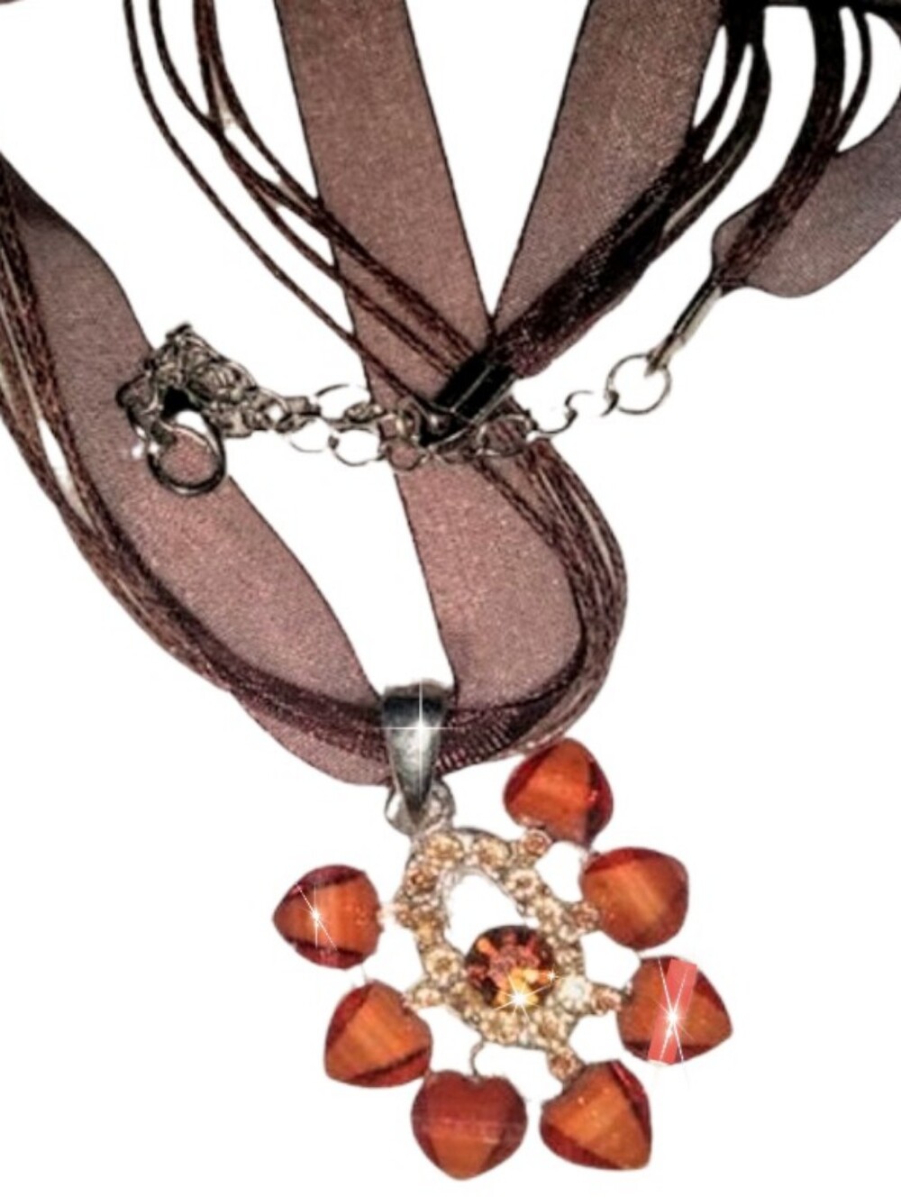 Orange & Garnet Array of Hearts Necklace on Brown Organza Ribbon Cord